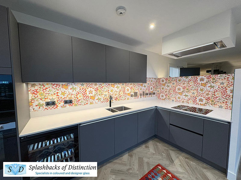 Kitchen splashback cambridge clear glass over wall paper