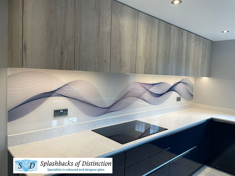Kitchen splashback with pantone wave design installed in welwyn garden city