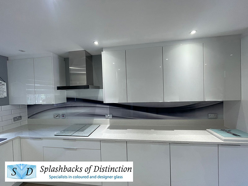 Kitchen splashback with abstract wave design installed in stevenage