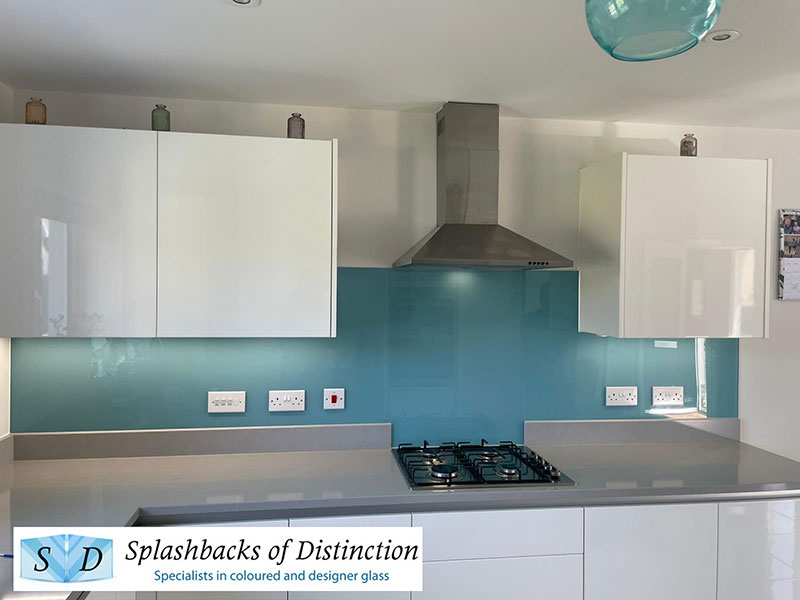 Kitchen splashback painted in duck egg=blue installed in buntingford