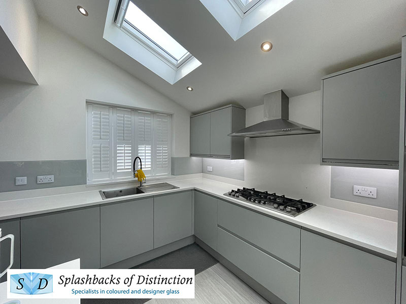 Kitchen splashback painted in french grey installed in bishops stortford